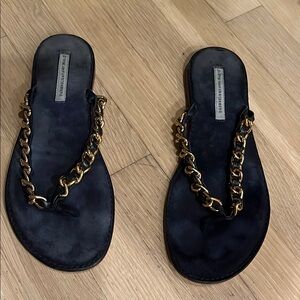Diane Von Furstenberg Navy Suede Sandals with Gold Chain